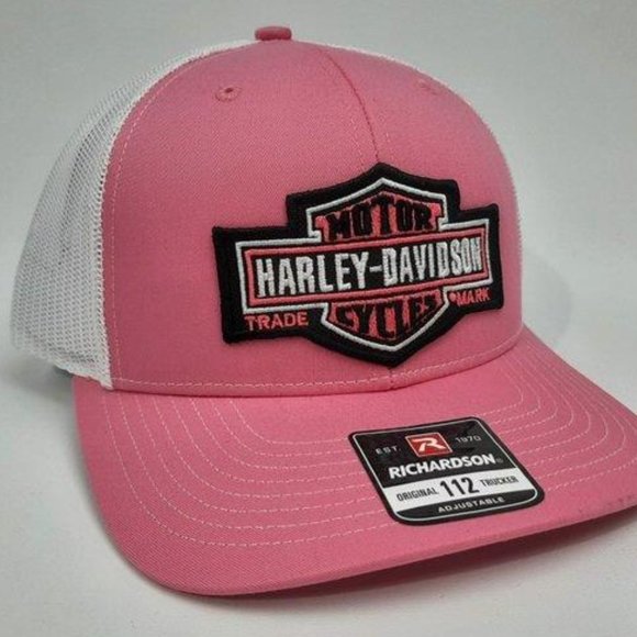 Accessories - Richardson 112 Harley Davidson Embroidered Patch Mesh Snapback Hat Cap Pink Bike